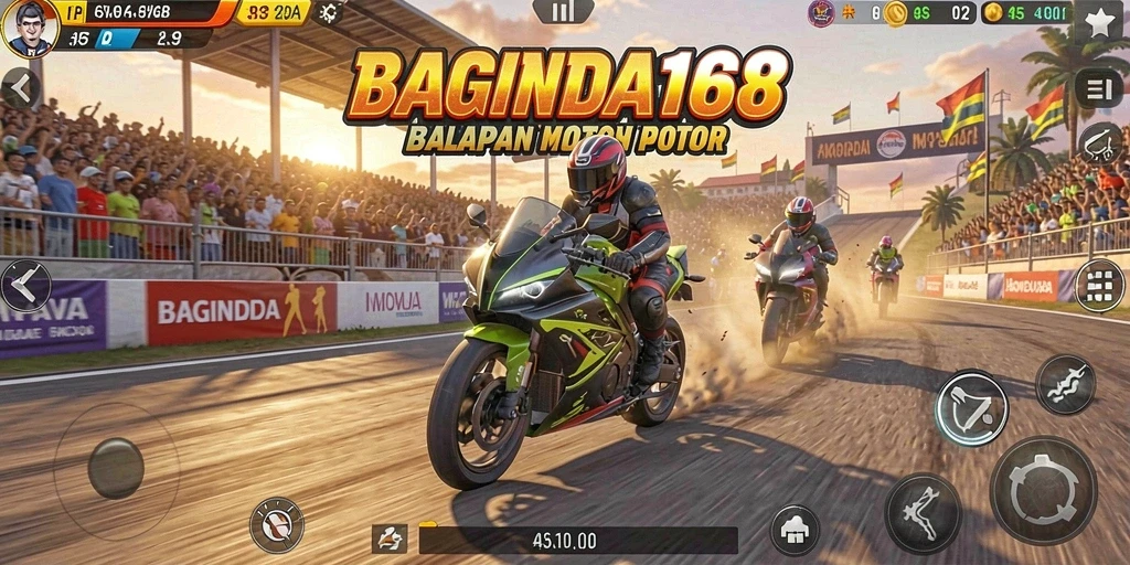 Screenshot utama BAGINDA168 menampilkan akselerasi motor di trek balapan.