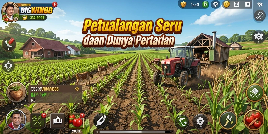 Tampilan gameplay seru dalam BIGWIN88 dengan aktivitas pertanian yang menarik.