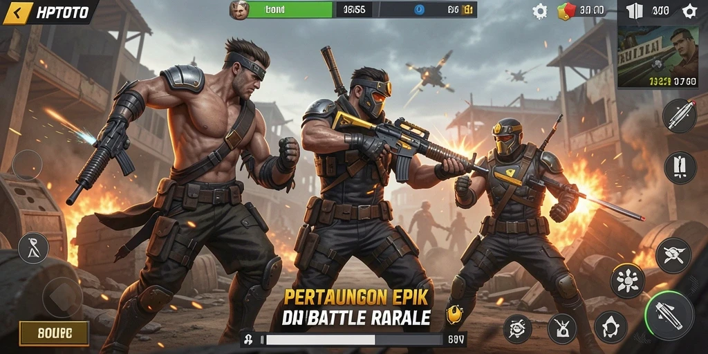 Screenshot HPTOTO menampilkan aksi pertarungan Battle Royale yang mendebarkan.