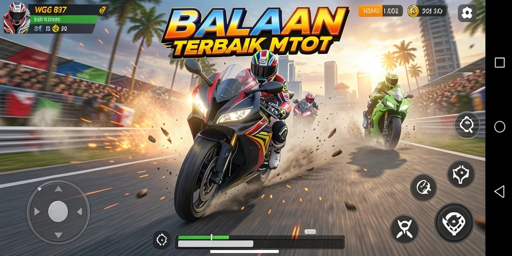Screenshot gameplay WG87 menampilkan aksi balapan motor yang mendebarkan.